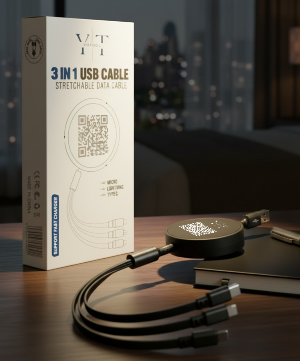 Yotool 3-in-1 retractable charging cable and branded box in a hotel room at night