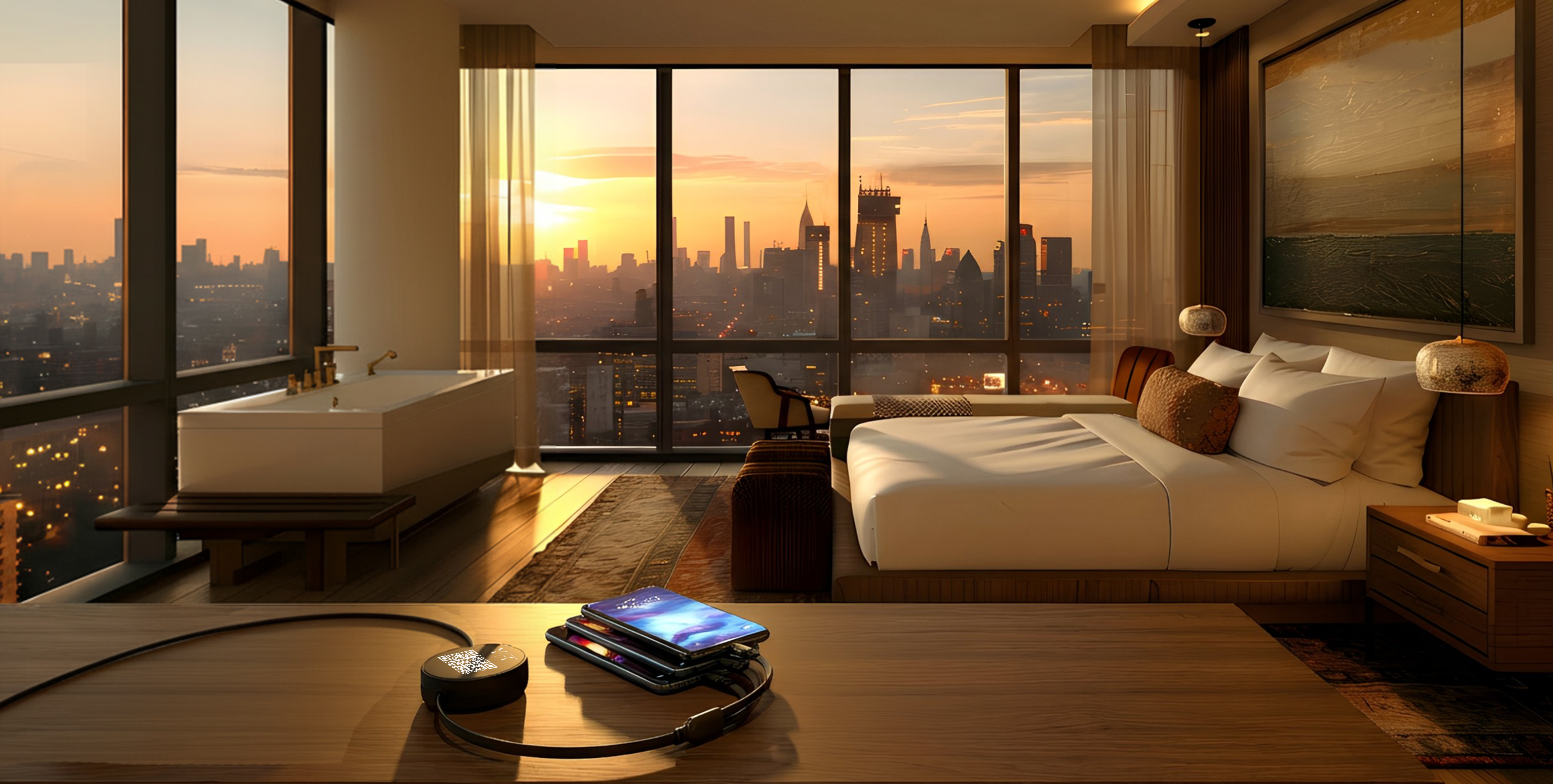 Luxury hotel room at sunset with a Yotool charger on the desk